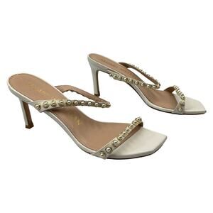 Stuart Weitzman Aleena 75 Pearl Embellished Slide Heeled Sandals White Size 6